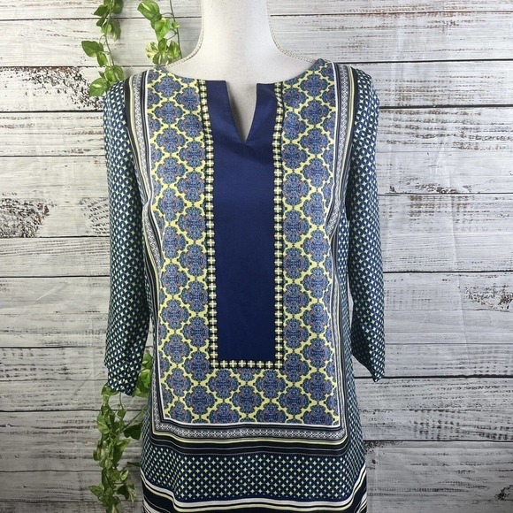 The Limited Dress Extra Small Blue Yellow Boho Straight Sheath Knee Career Slim - Picture 2 of 12